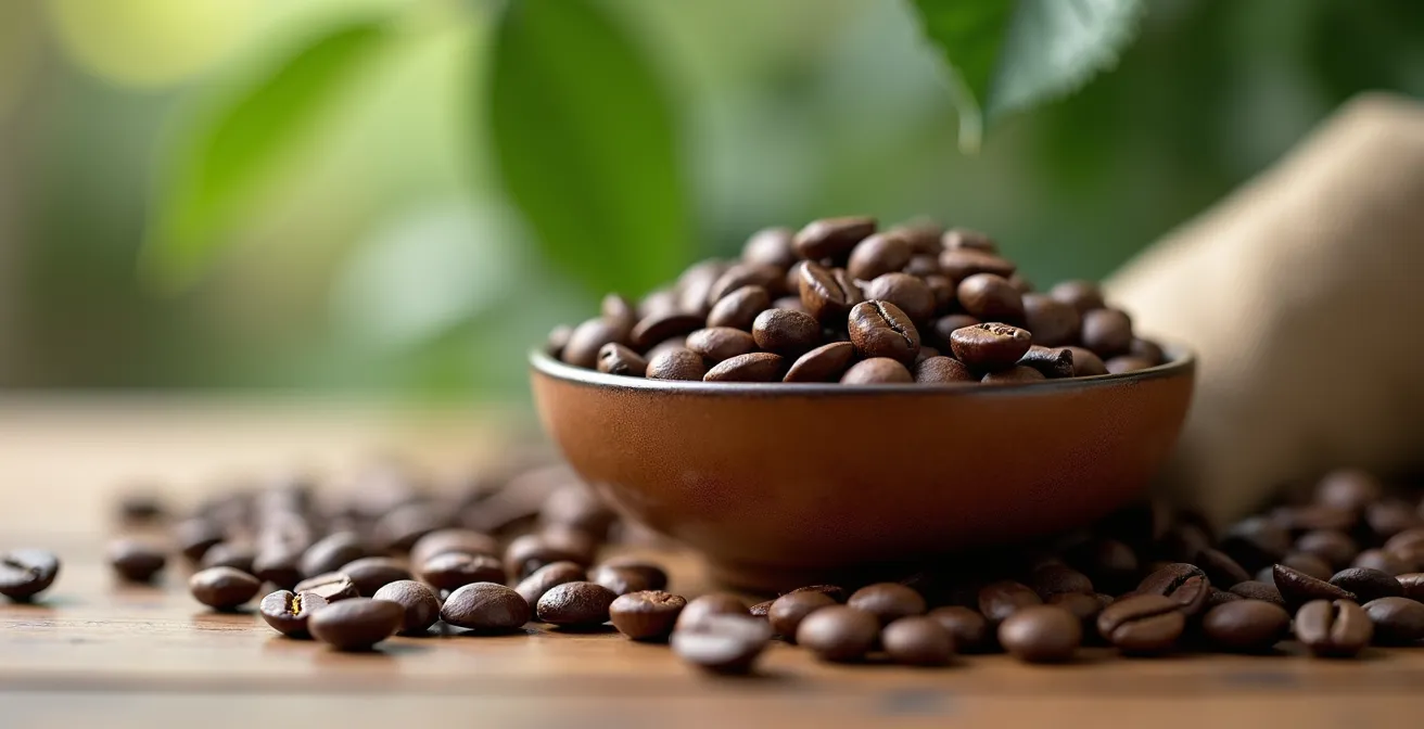 Grains de café décaféiné dans un cadre naturel mettant en valeur la texture et la qualité