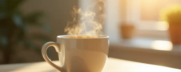 Une tasse de café décaféiné fumante posée sur un plateau en bois clair dans un environnement minimaliste et zen