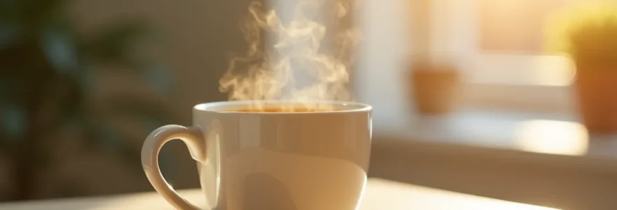 Une tasse de café décaféiné fumante posée sur un plateau en bois clair dans un environnement minimaliste et zen
