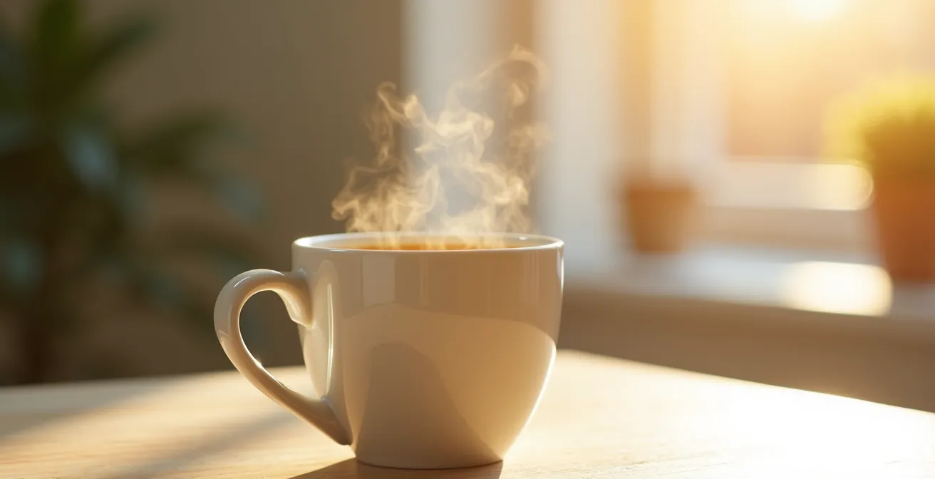 Une tasse de café décaféiné fumante posée sur un plateau en bois clair dans un environnement minimaliste et zen