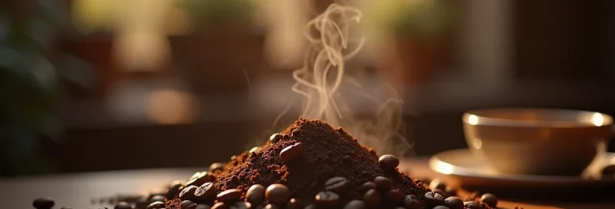 Vue détaillée d'un café moulu décaféiné avec des grains, vapeur et ambiance chaleureuse