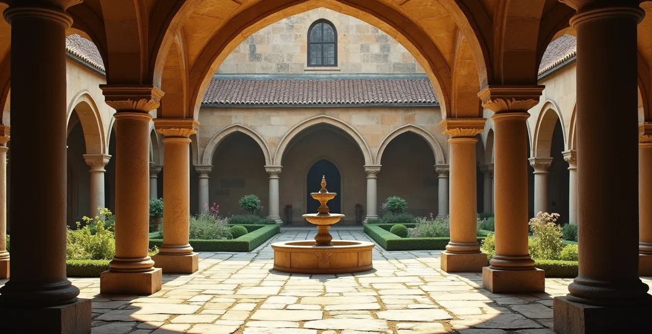 Cloître monastique baigné de lumière douce avec colonnes de pierre et jardin central