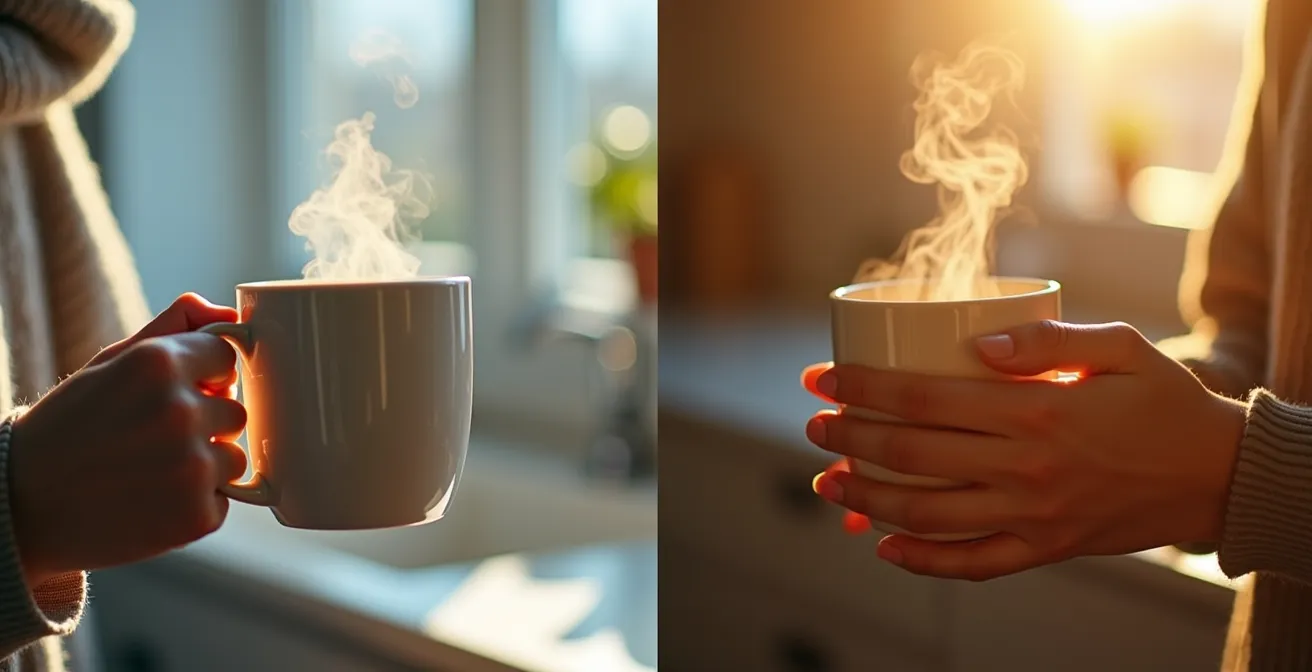 Deux scènes photographiques côte à côte : une main tenant une tasse fumante en lumière matinale douce, et la même main en fin d'après-midi dans une lumière plus chaude