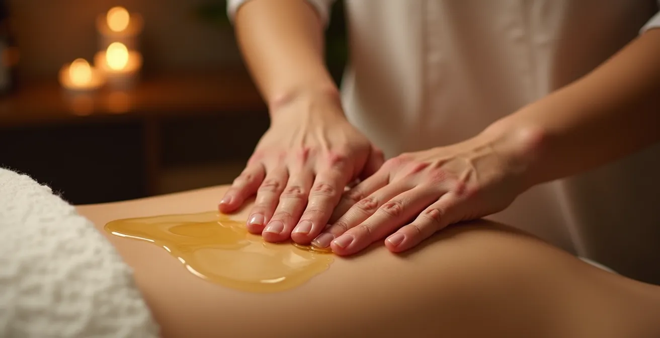 Mains expertes appliquant un soin signature avec huiles dorées sur une peau délicate