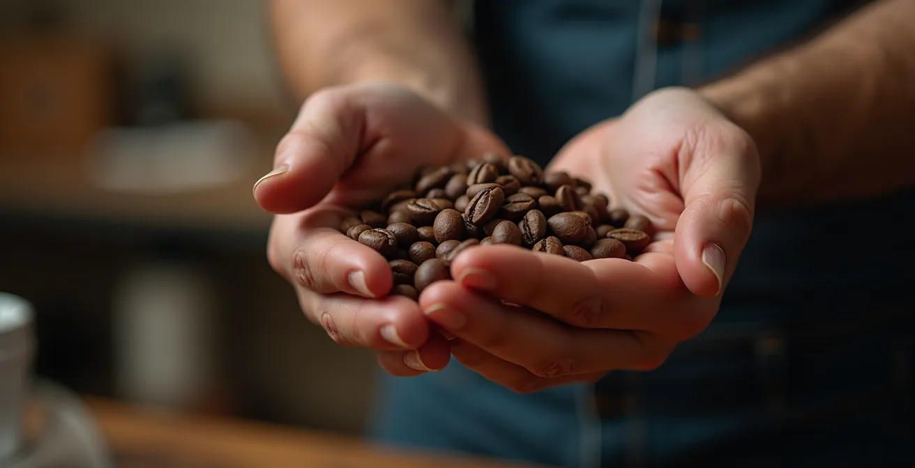 Mains d'artisan torréfacteur manipulant des grains de café fraîchement torréfiés