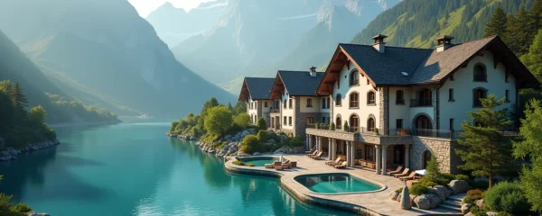 Vue aérienne d'un spa luxueux niché entre lac et montagnes alpines