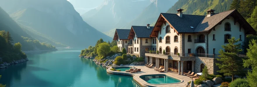 Vue aérienne d'un spa luxueux niché entre lac et montagnes alpines