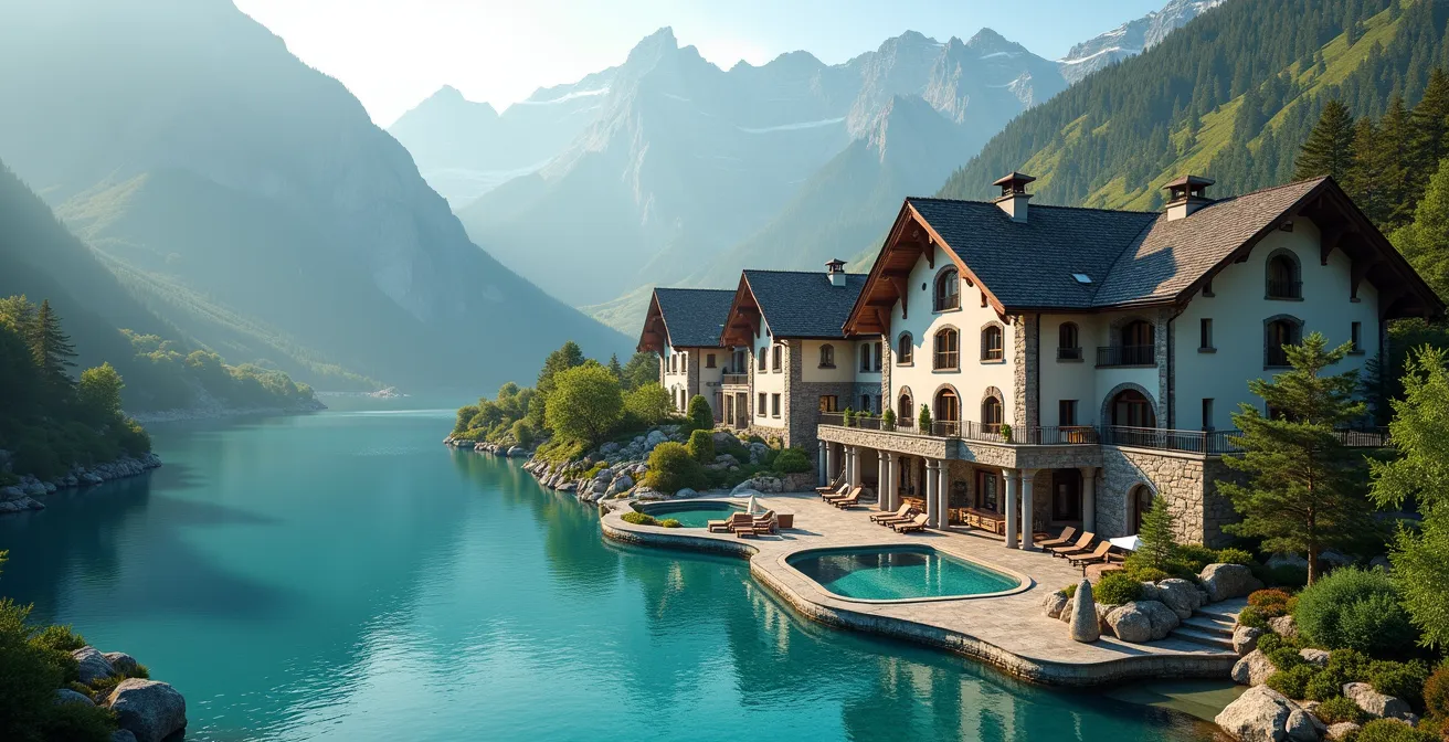 Vue aérienne d'un spa luxueux niché entre lac et montagnes alpines