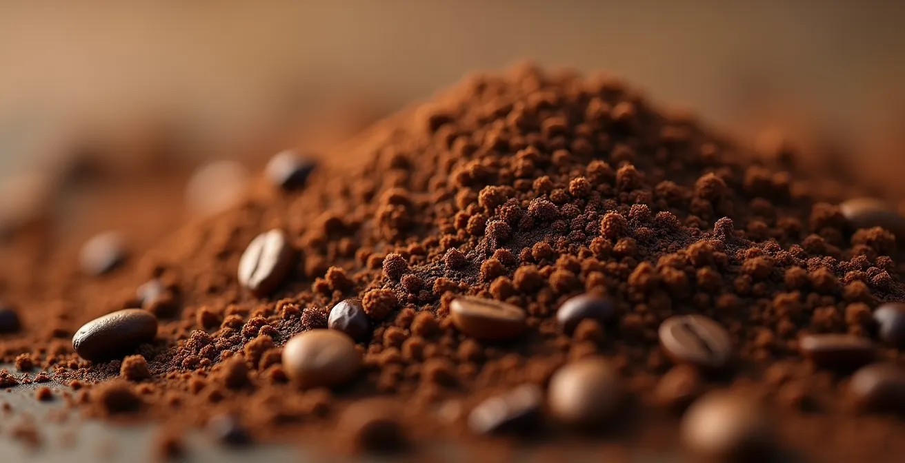 Détail macro de la texture et de la granulométrie d'une mouture de café décaféiné