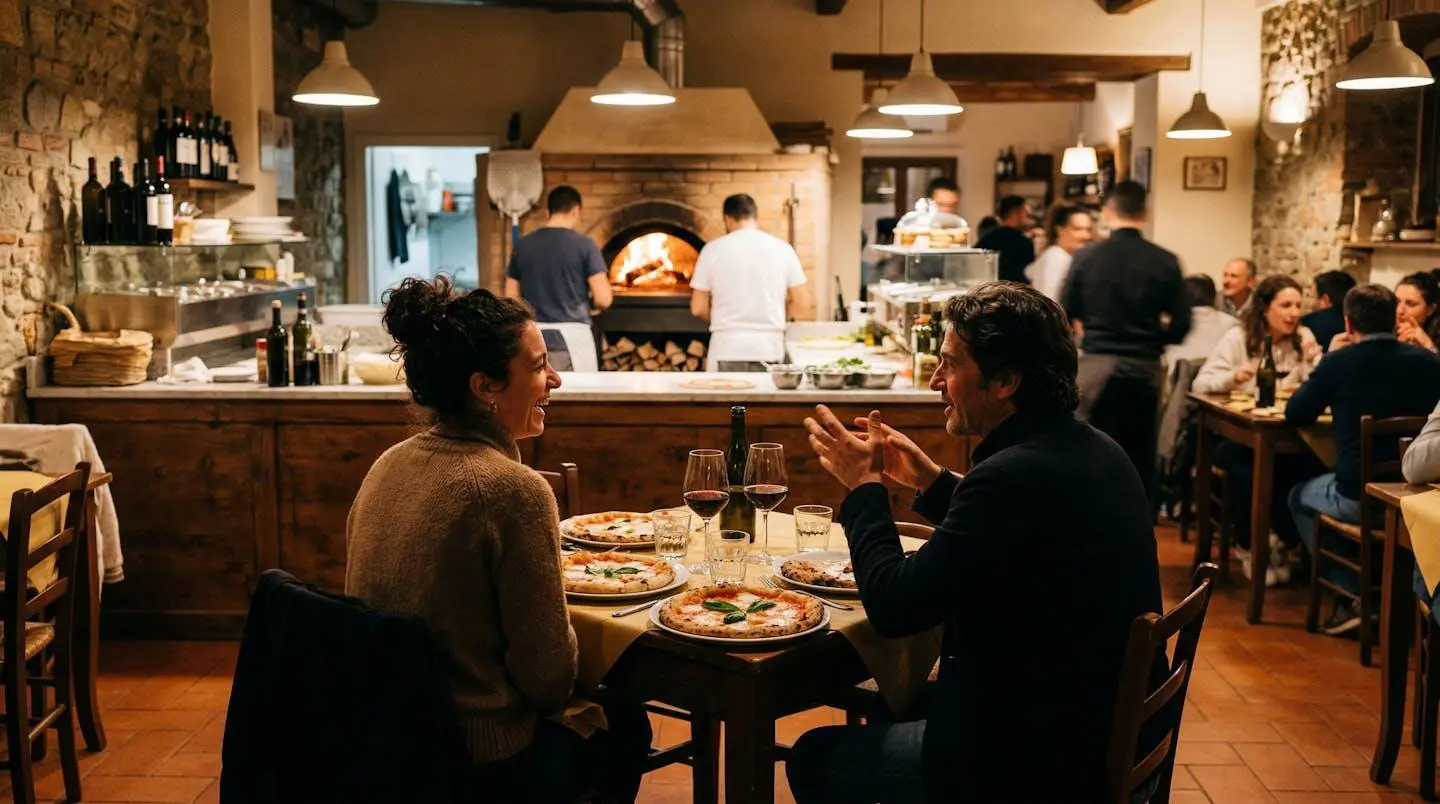 Ambiance conviviale d'une pizzeria marseillaise avec four visible et clients attablés