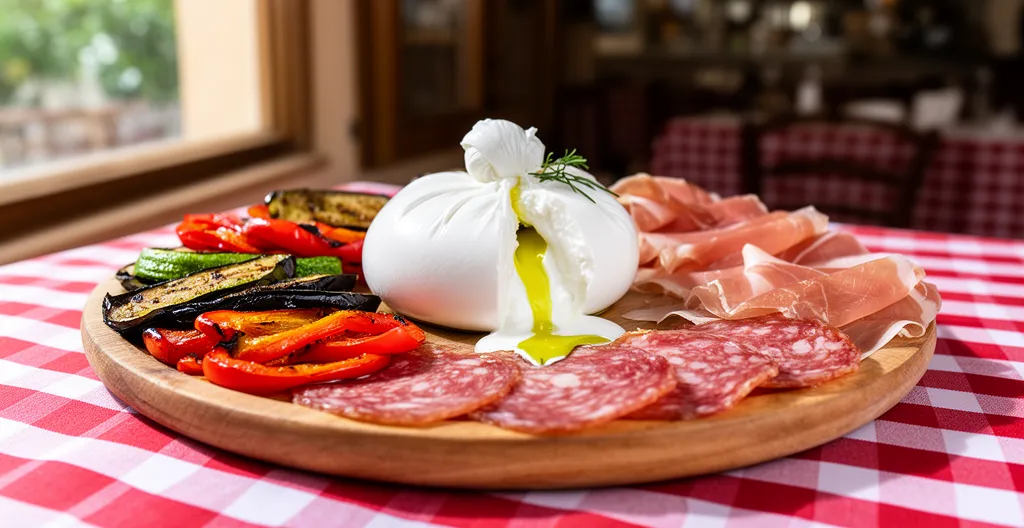 Plateau d'antipasti italiens avec burrata crémeuse et charcuteries