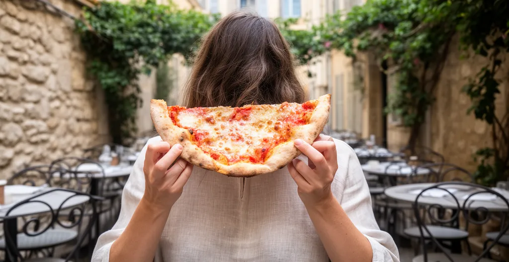 Femme européenne tenant une part de pizza montrant la texture alvéolée en terrasse méditerranéenne