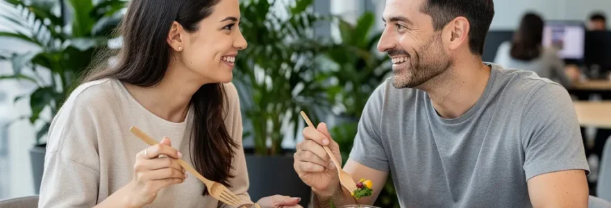 Collaborateurs partageant un repas équilibré dans un espace de pause moderne