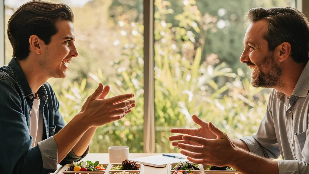 Deux collègues partageant un plateau repas lors d'une réunion informelle