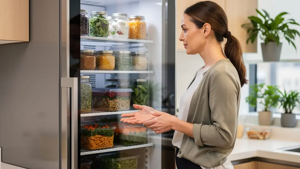 Collaboratrice consultant un frigo connecté avec repas sains en bocaux