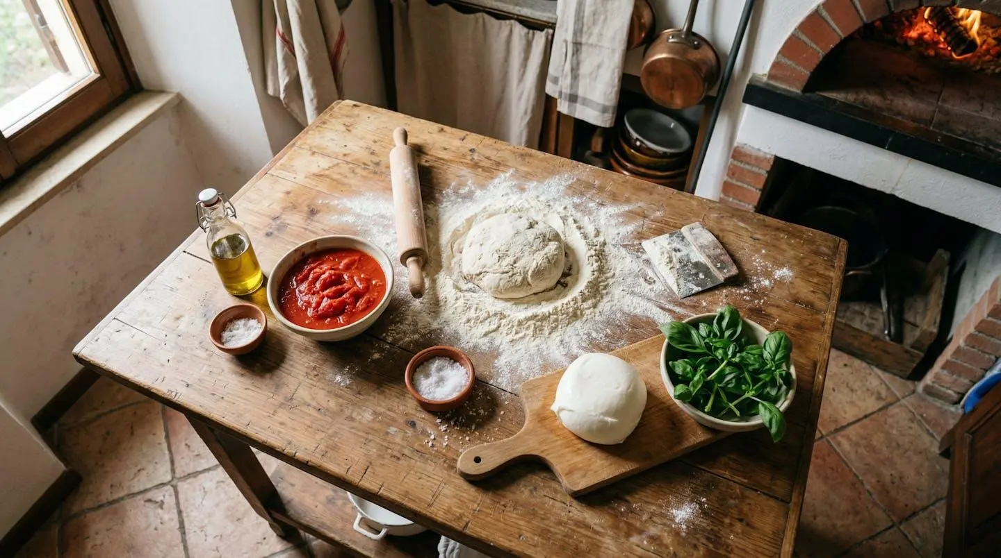 Ingrédients italiens authentiques pour pizza artisanale disposés sur plan de travail