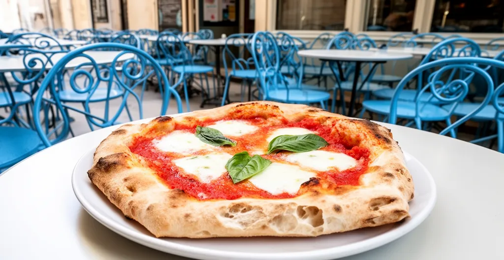 Part de pizza artisanale avec corniche alvéolée sur terrasse marseillaise