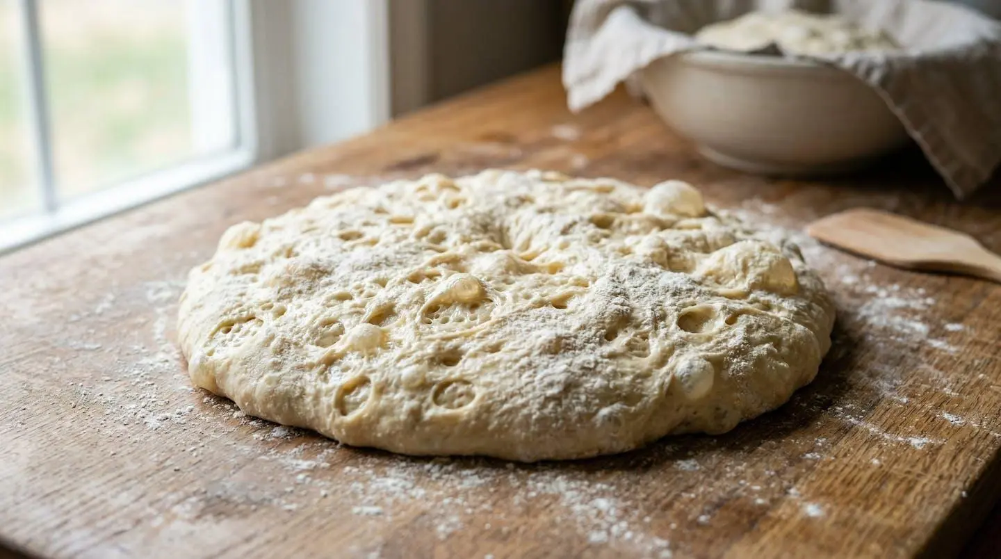 Pâte à pizza artisanale fermentée montrant les alvéoles de fermentation longue