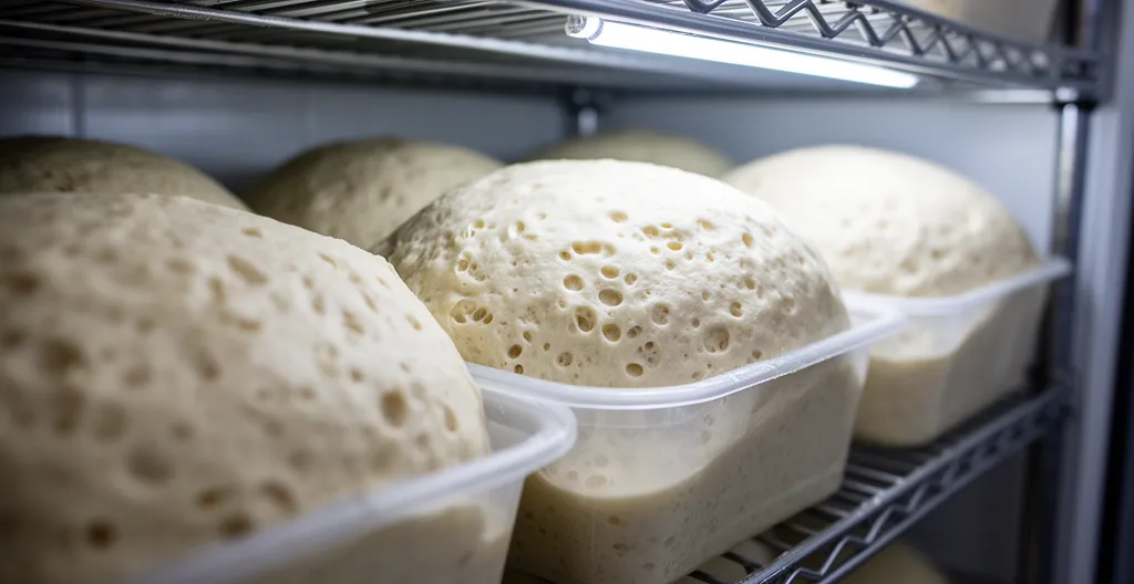Boules de pâte à pizza en fermentation dans des bacs en plastique montrant les bulles et alvéoles