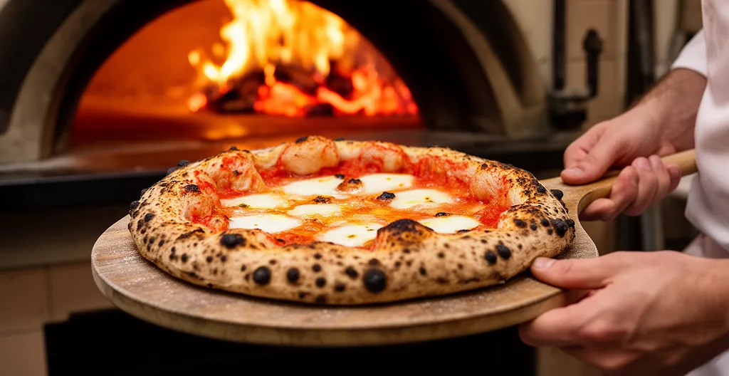 Pizza napolitaine sur pelle en bois devant four à bois avec croûte gonflée et alvéolée