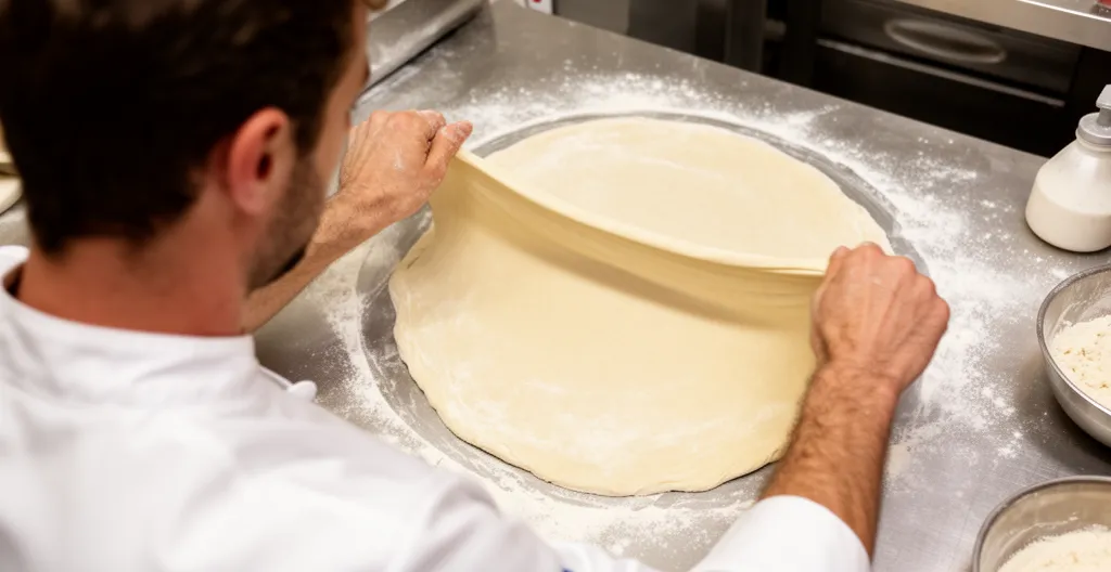 Pizzaiolo étalant une pâte fermentée sur plan de travail fariné