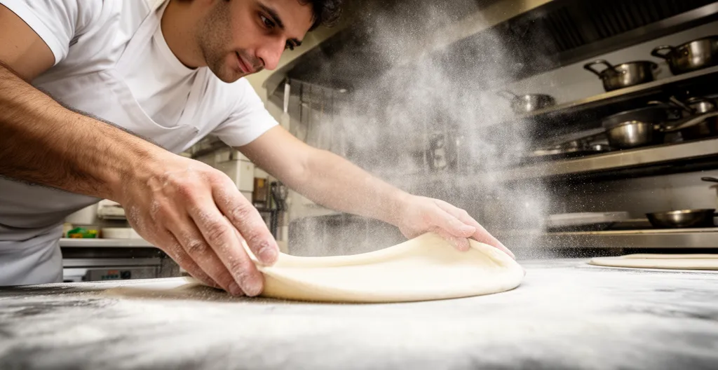 Pizzaiolo étirant la pâte à pizza traditionnelle dans une cuisine marseillaise