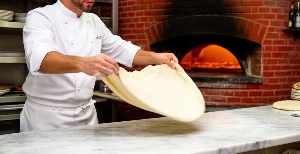 Pizzaiolo européen étirant une pâte à pizza dans une cuisine professionnelle marseillaise