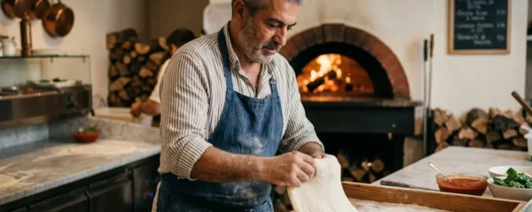Pizzaiolo méditerranéen préparant une pâte à pizza artisanale dans une cuisine marseillaise