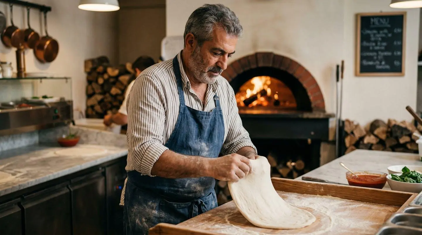 Pizzaiolo méditerranéen préparant une pâte à pizza artisanale dans une cuisine marseillaise
