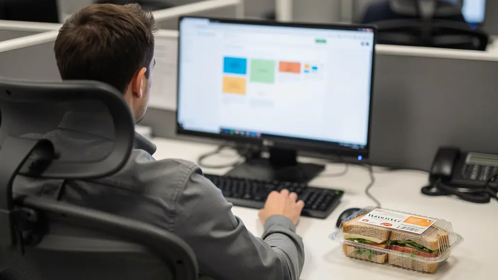 Salarié mangeant un sandwich industriel devant son écran, pause déjeuner au bureau