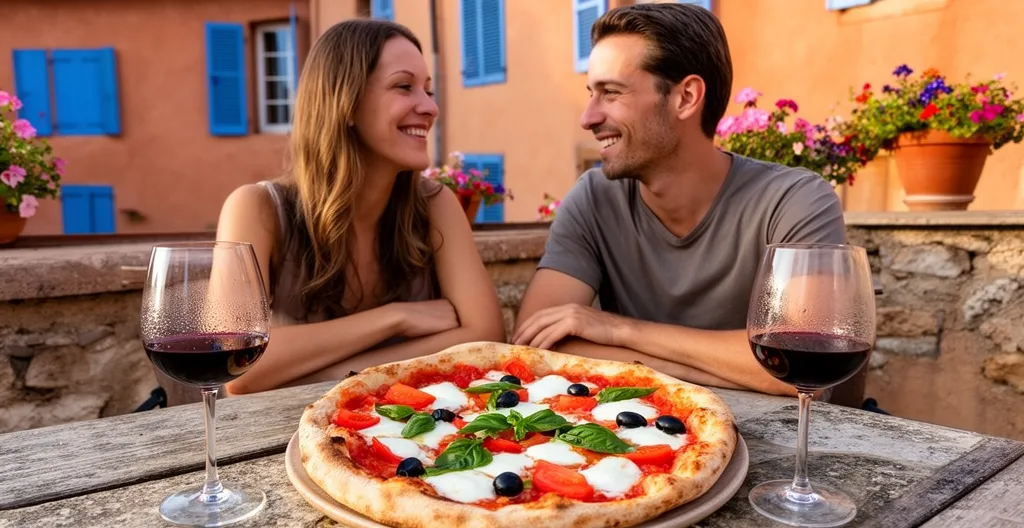 Couple dégustant une pizza en terrasse près de la cathédrale de la Major à Marseille